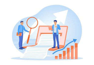 Professional businessman analyzing data with charts and documents. Graph growth and teamwork. Business Analysis Instruments concept. Flat vector illustration.