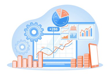 Analytics dashboard illustration with charts, graphs, and data statistics. Describes data visualization for business planning and success. Business Analysis Instruments concept. Flat vector illustration.