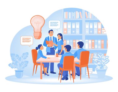Brainstorm startup ideas. Professional team discussing ideas in a business meeting environment. Business Development concept. Flat vector illustration.