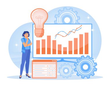Development of corporate strategy. Businesswomen analyze data using charts, graphs, and gears. Business Analysis Instruments concept. Flat vector illustration.