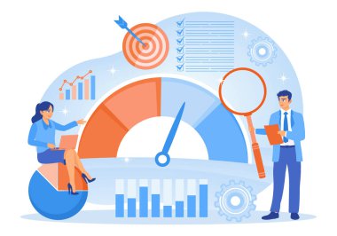 Development strategy. Entrepreneurs with indicators to increase company productivity. Business Development concept. Flat vector illustration.