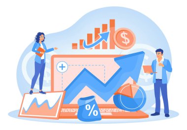 Financial growth, data analysis, and business development ideas. Business team working together and planning financial growth strategy. Business Development concept. Flat vector illustration.