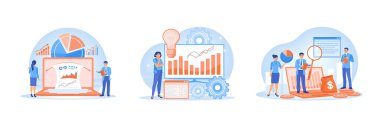 Teamwork, analysis, and growth. Businesswomen analyze data using charts, graphs, and gears. Evolutionary growth analysis. Business Analysis Instruments concept. Set flat vector illustration.