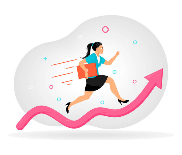 Professional woman actively moving forward up the arrow to advance her career or goals. The image symbolizes determination, success and progress in business. Flat vector modern illustration