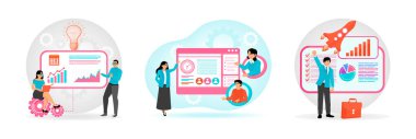 Two individuals collaborate to analyze data visualized. A digital interface screen. A man who successfully advances business through research and analysis. Set flat vector modern illustration