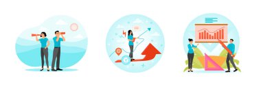 \Two individuals using telescopes, signifying teamwork, vision, and strategy. Growth and strategic planning in the business cycle. Professional team analyzes and discusses business growth graph. Set of flat vector modern illustrations