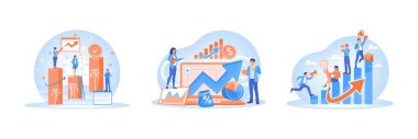 Financial growth, data analysis, and business development ideas. Business team analyzing financial data. Growth and achievement. Business Development concept. Set flat vector illustration.