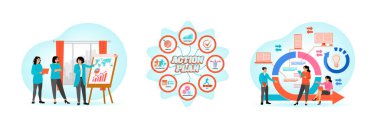 A group of professionals collaborating on financial reports. Business communication and productivity. The colorful diagram displays an action plan. Set flat vector modern illustration