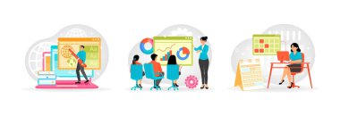 Creates trademark logo using online platforms. Business meeting presents using charts and graphs. Manager organizes tasks using computer and daily planner. Set flat vector illustration