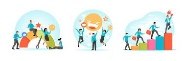 Positive teams are supported by assessment indicators that symbolize feedback. Employees express joy around animation. Professionals climb the ladder of business growth. Set flat vector illustration