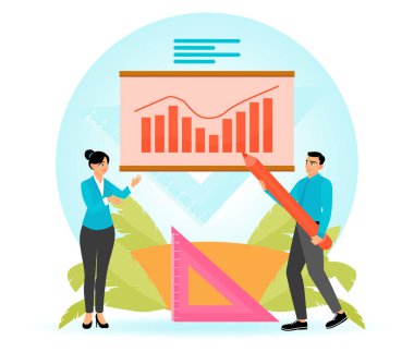 A team of professionals analyzes and discusses business growth charts. Using pencil, ruler and graph. Flat vector modern illustration
