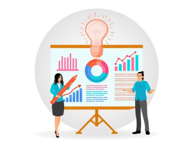 Business professionals collaborate on presentations, displaying colorful charts, graphs, and light bulbs symbolizing creativity, and ideas. With the concept of teamwork and innovation. Flat vector modern illustration