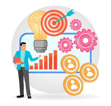 Represents team growth and target achievement. Features a man, graphics, targets, gears and icons. Flat vector modern illustration