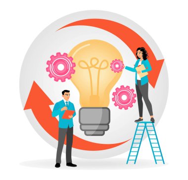 A team that acts and integrates to visualize the process of bringing ideas to life. With light bulbs, gears, arrows and ladders. Flat vector modern illustration