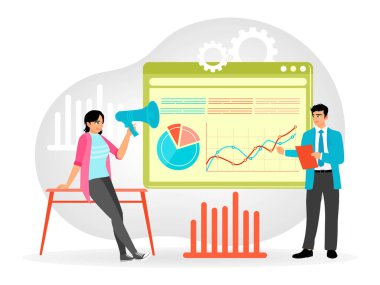 Professional entrepreneurs collaborate in analyzing marketing campaign management with graphs displayed on the screen. and with other symbols such as gears and megaphones. Flat vector illustration