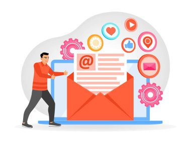 Process automation to efficiently document operate marketing technology for advertising. Business platform for ads strategy analysis and social media content analyze. Flat vector illustration