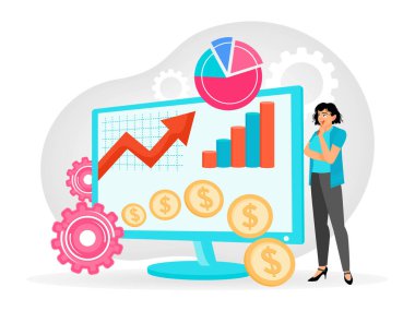 Financial growth chart analysis and market investment. With growth chart, dollar symbol, gears and thinking business woman. Flat vector illustration