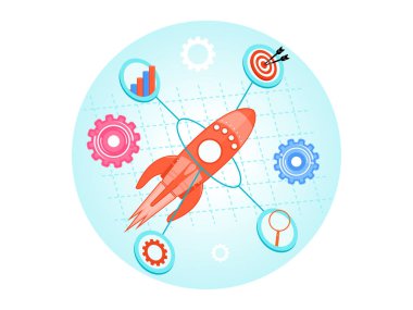 A rocket surrounded by business-themed icons such as gear, graph, search, target, and goal. Representing growth, technology, and innovation. Flat vector illustration