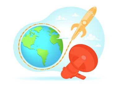 Featuring planet Earth, an orbiting spaceship, and a red megaphone. Depicting the launch of a product campaign that will go global. Flat vector illustration