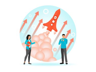 Marketers celebrate the start of a dynamic advertising campaign, aimed at market penetration and brand awareness. Shown with a rocket launching. Flat vector illustration