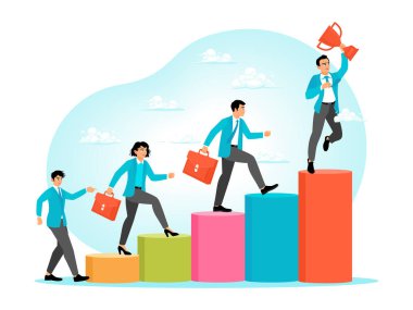 Team winning concept together achieving success, represented by professionals climbing colorful business growth graph. Flat vector illustration