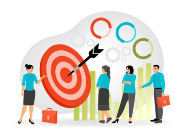 Featuring team collaboration, goal setting, and progress tracking using target visuals, charts, and team members discussing strategy. Flat vector illustration