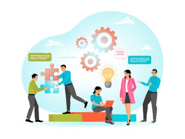 Depicts teamwork and collaboration with people solving puzzles, sharing ideas, and working together to innovate and achieve goals. with Puzzle Pieces and Light Bulbs. Flat vector illustration