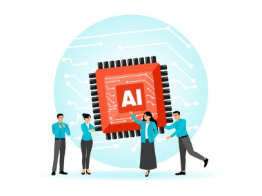 Depicting individuals collaborating around an artificial intelligence processor, symbolizing teamwork and futuristic technological advances. Flat vector illustration