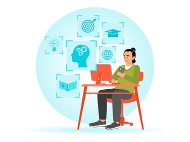 A young person multitasking with a computer, surrounded by icons representing knowledge, learning, and communication. Flat vector illustration
