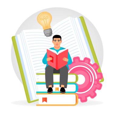 A young man sitting on books and reading, with symbols depicting learning, education, and innovation highlighted around. Emphasizing study and knowledge. Flat vector illustration
