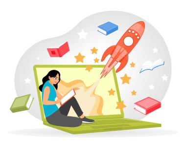 Showcasing an imaginative learning process with a laptop, books, and vibrant rocket design. Concept for back to school and online courses. Flat vector illustration