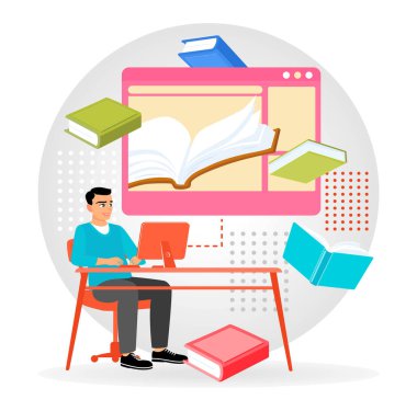 A person utilizing a computer for online learning, surrounded by various books, emphasizing education and technology integration.Interactive and engaging learning experiences. Flat vector illustration
