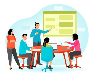 Business people having a meeting with modern professional corporate environment, workspace. team work concept. flat vector modern illustration