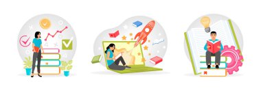 Ready for seminars, back to school, or courses. Imaginative learning process with a laptop, books, and vibrant rocket design. A young man sitting on books and reading. Set flat vector illustration