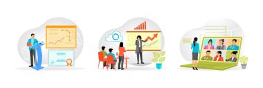 A student explains a presentation using a digital podium. Professionals discussing plans together. A woman conducting an online meeting with colleagues on a laptop screen. Set flat vector illustration