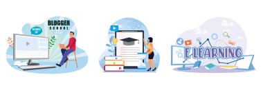 People do online learning. Using computer, gadget, and electronic device. Modern education concept with electronic devices. E-learning concept. Set flat vector illustration.