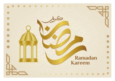 Elegant Ramadan Kareem greeting card design with gold Islamic calligraphy and lanterns. Symbolizes spiritual reflection and celebration of Ramadan. Ramadan concept. Flat vector illustration.
