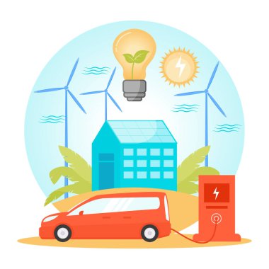Elektrikli araç yenilenebilir enerji kaynaklarından, güneşten ve rüzgardan enerji alıyor ve temizliyor. Yenilenebilir Enerji Konsepti.