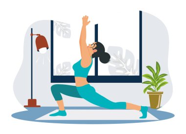 Fiziksel ve ruhsal uygulama. Kız evde aerobik ve sabah meditasyonu yapıyor. Düz vektör illüstrasyonu.