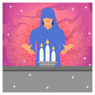 Mavi cüppeli gizemli bir keşiş figürü. Parlak mumlar ve karmaşık mandala desenleriyle birlikte gizemli dini ayinler yapıyor. Ritüeller ve törenler konsepti.