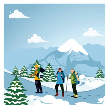 Dağcılık seferi ve spor. Bir grup dağcı kış boyunca karlı yollarla dağa tırmanır. Düz vektör illüstrasyonu.