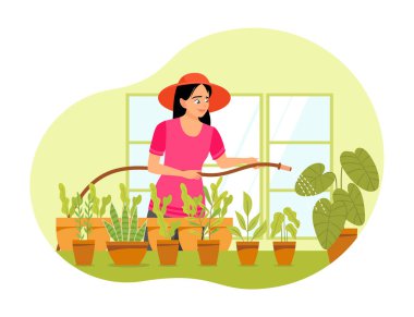 Şapka takan bir kadın, büyümelerini ve sağlıklarını sağlamak için saksı bitkilerini büyük pencerelerin yakınında suluyor. Ev bahçesi konsepti.