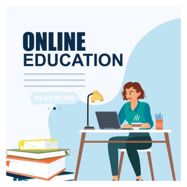 Çevrimiçi eğitim kavramı. Bir kadın masaya oturur, bilgisayar ekranına bakar ve öğrenir. Düz vektör illüstrasyonu.