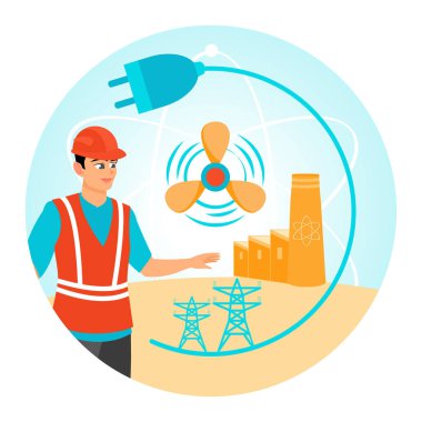 Güvenlik donanımlı bir mühendis, tematik ve gelecekteki endüstriyel geçmişe karşı nükleer enerji teknolojisini denetliyor. Yenilenebilir Enerji Konsepti.