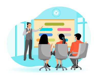 İş toplantısı. Lider, şirketin performansını açıklamak için beyaz tahtanın önünde duruyor. Ofis çalışanı konsepti. Düz vektör modern resimleme