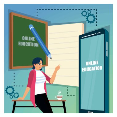 Çevrimiçi eğitim kavramı. Genç bir kadın akıllı telefonuyla online eğitim alıyor. Düz vektör illüstrasyonu.