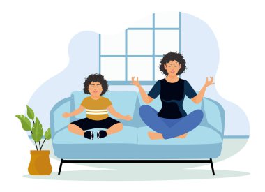 Anne ve kızı nilüfer çiçeği pozisyonunda kanepede oturuyor. Sabahları yoga egzersizleri yapıyorum. Düz vektör illüstrasyonu.