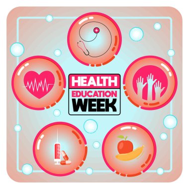 Sağlıklı yaşam tarzı ikonu ile sağlık eğitimi haftası için renkli bir poster. Toplum sağlığı, refah ve tıbbi kaynaklara odaklanıyor. Düz vektör illüstrasyonu