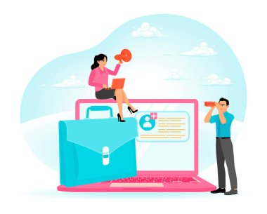 Teknoloji araçları kullanarak iş iletişimi, adam toplama ve analiz. İnsan kaynakları konsepti. düz vektör illüstrasyonu