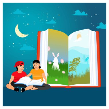 İki çocuk büyüleyici bir kitap okuyor. Canlı bir tavşan ve doğa sahneleri sergiliyorlar. Gece vakti gökyüzü yıldızlarla ve hilal ayıyla çevrili. Hikayeler ve Anlatımlar.